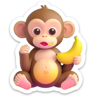 ultra cute baby monkey with enormous adorable eyes peeling a banana, pastel colors sticker