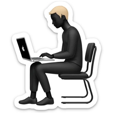 Minimalistic flat vector icon, iOS style, thin black contour on white background. Person silhouette sitting with a laptop, code brackets <> on the screen. Clean, no te sticker