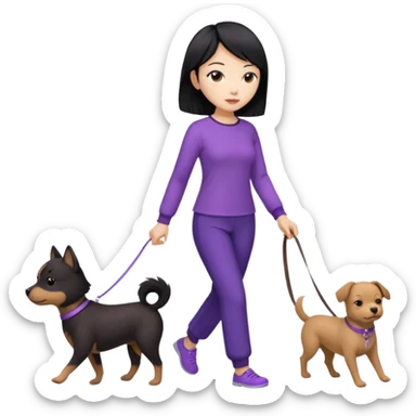 black hair Chinese woman wearing purple top and black pants walking a small brown dog sticker