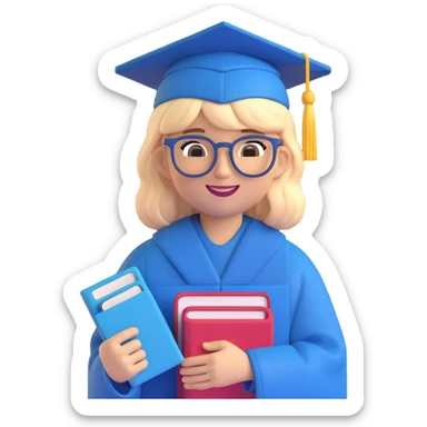 memoji of a college student, wearing glasses, holding books, cheerful, modern hairstyle, wearing a graduation cap sticker