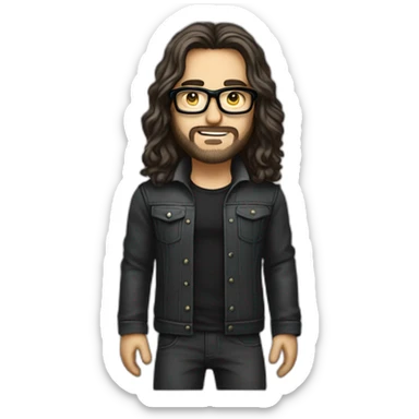male caucausian designer with long hair and black rimmed glasses heavy metal sticker