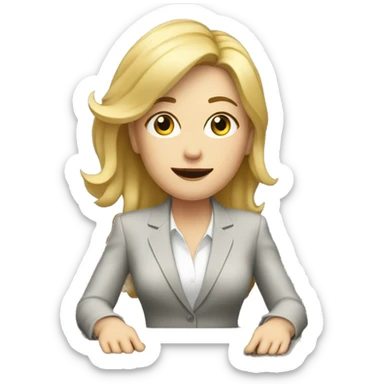 Blonde white woman wearing a suit sitting on the table telling the news towards the camera sticker