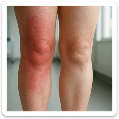 Hyperrealistic human legs in the phase of disinflamation, skin with redness and swelling decreasing, areas gradually transitioning from red to normal, clinical atmosphere, natural light, 4K details. Variant 9, focus on skin detail. sticker