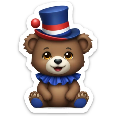 Brown baby bear. Clothes are Red White and Navy. Wearing jester collar and a clown hat.  sticker