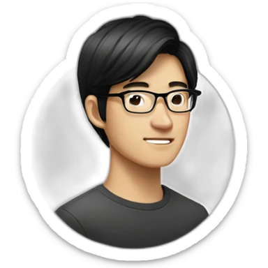 Asian 20 years old software engineer with glasses and Tim Cook black hair sticker
