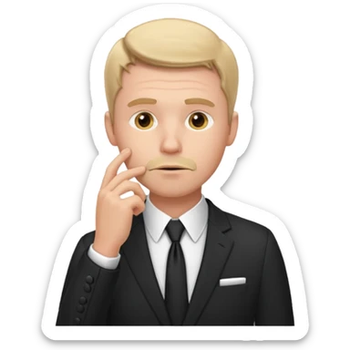 white man in formal suit thinking hard, hand to mouth sticker