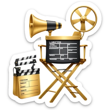 Icon for Directing: a director's chair, a film slate, a megaphone, and a stage set with lights. The icon should represent the creative and leadership aspects of directing, with focus on film and theater production. Transparent background. sticker
