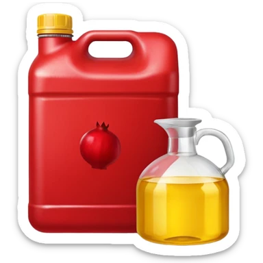 a pomegranate alongside a plastic 20 liter rectangular container filled with used cooking oil sticker