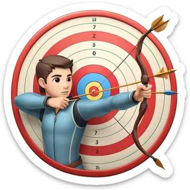 An archer drawing a bow and aiming an arrow at a target, with perfect focus and precision. The target is visible in the background, featuring concentric rings. The scene captures the concentration and skill involved in archery, emphasizing the elegance and accuracy of the sport. sticker