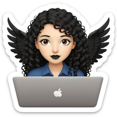 a girl typing mac book air with long black curly hair and brown eyes with winged black eyeliner sticker
