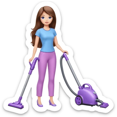 beautiful barbie girl with long brown hair, blue eyes and wearing light purple clothes, cleaning and vacuuming sticker