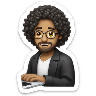 Jew with curly sidelocks holding a MacBook Pro sticker