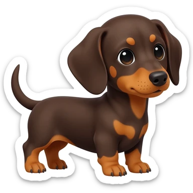 A cute 8 week old dascshund puppy with long ears, short legs, and dark brown fur.  He has a small amount of lighter brown on his chest and feet but no eyebrows or muzzle sticker