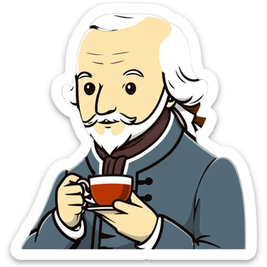 Adam Smith with a scholarly appearance, beard, 18th century attire, enjoying a cup of tea sticker