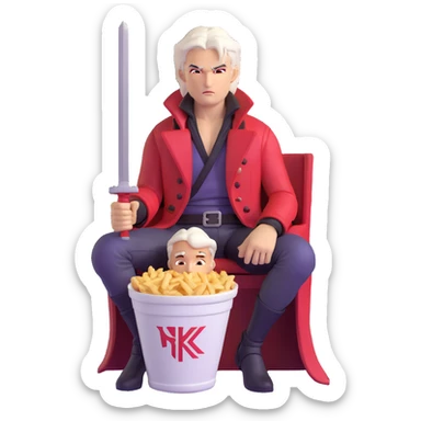 Dante from Devil May Cry sitting in a KFC bucket, red coat, white hair, rebellion sword sticker