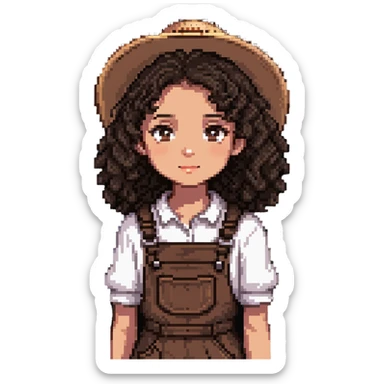 white girl with very curly dark brown hair, brown eyes, wearing farm clothes sticker