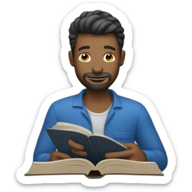 man reading a blue book sticker