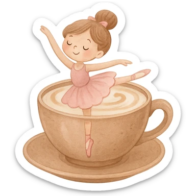 a whimsical and cute ballerina dancing inside a cappuccino cup, soft colors, no background sticker