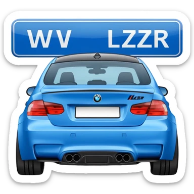 Make me an emoji with a blue bmw M3 and some kind of sign that says ‘W LZR’ sticker