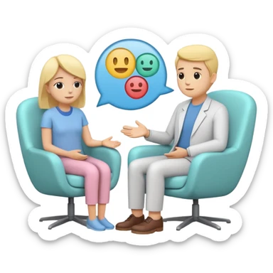 simplified human character sitting in a chair talking calmly with a psychologist, therapist listening attentively, safe and supportive atmosphere, mental health session, flat custom emoji sticker, pastel colors, rounded shapes, minimal details, thick outline, white background, no text sticker