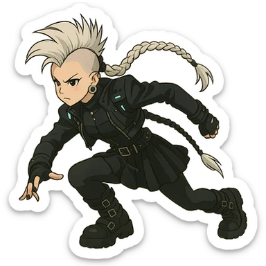 1 female, cyberpunk, mohawk white hair, 1 long braid, cybergoth, gothic style, action pose, style of anime sticker