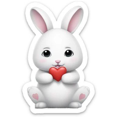 White bunny with grey fur on its back, holding hearts sticker