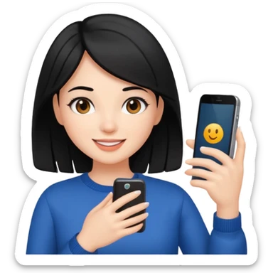 influencer girl black haired, phone in hand, recording herself, confident, trendy, sticker