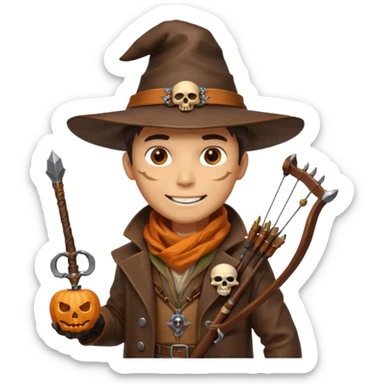 male human monster hunter emoji, wearing brown leather coat and wide hat, holding crossbow or rifle, with amulet shaped like skull, Halloween fantasy theme, confident smile, orange scarf, Apple emoji style, clean white background, square image sticker