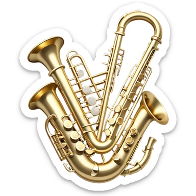 Design a complex, festive, and professional emblem-like emoji representing wind instruments. The composition should resemble a heraldic crest, featuring iconic wind instruments such as a trumpet, saxophone, clarinet, flute, and trombone, arranged symmetrically in a balanced and elegant layout. The instruments should intertwine with a flowing ribbon of musical notes, gracefully weaving around the brass and wooden bodies, emphasizing movement and harmony. Use intricate details such as polished metal surfaces, decorative engravings, and realistic textures to enhance the premium feel. The design should have a regal and celebratory color palette, with gold and silver highlights, deep wood tones, and subtle reflections. Additional ornate elements like laurel wreaths, elegant flourishes, or a subtle glow can be incorporated to emphasize the prestigious and musical essence of the emblem. The background should be transparent to allow for seamless integration into various designs. sticker