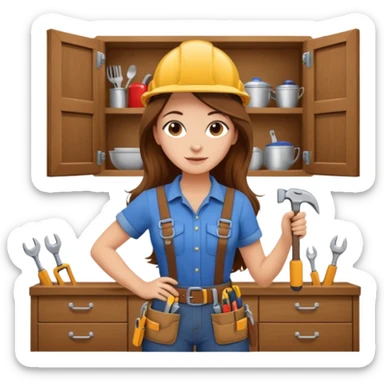 beautiful girl with long brown hair constructing new kitchen cabinets sticker