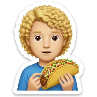 a boy with blonde curly hair eating a taco sticker