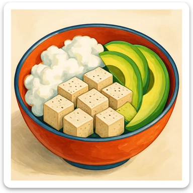a bowl containing egg whites, tofu cubes, and avocado slices, food illustration sticker