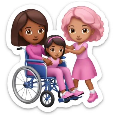 One tan skin sister pushing her brown skin sister in a pink wheelchair sticker