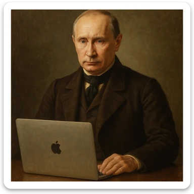 Historical leader portrait-style Vladimir Putin with a MacBook on a desk sticker