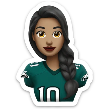 White female long dark hair red lips wearing Philadelphia Eagles jersey sticker