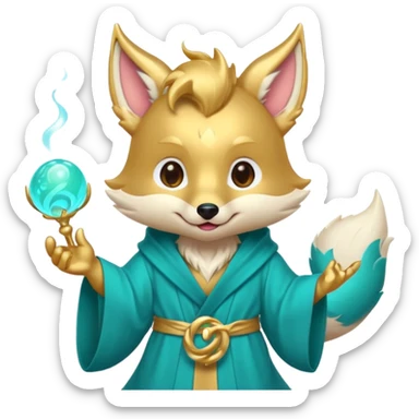 Cute chibi teal fox-dragon emoji with small antler horns, playful face with tongue out, swirl eyebrows, gold forehead mark, teal-gold robe, holding glowing blue orbs, soft pastel vector style. sticker