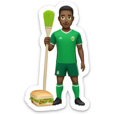 soccer player wearing a green shirt with a broom in their hand eating a sandwich sticker
