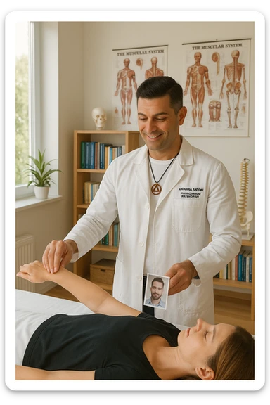a middle-aged man, dressed in casual professional attire, is in a bright, organized therapy studio. Durante una visita di kinesiologia, il praticante tiene con una mano la foto di una persona lontana (il “testimone”) appoggiata su un tavolo, mentre con l’altra mano esegue un test muscolare su un cliente presente. Sullo sfondo si vedono libri di kinesiologia, poster anatomici e strumenti tipici della disciplina. L’atmosfera è concentrata e serena, con luce naturale che entra dalla finestra, sottolineando l’aspetto alternativo e umano della pratica. sticker