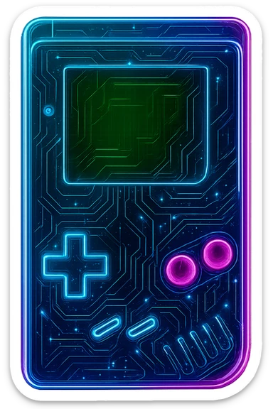 Transform the old Gameboy into a cyberpunk, holographic style with glowing neon blue and pink edges, circuit patterns throughout the entire device, and a transparent background. Maintain the recognizable Gameboy shape, buttons, and screen, overlaying neon and circuit effects in a futuristic, clean cyberpunk style with consistent glow and intricate circuit details. sticker