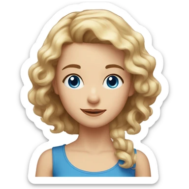 A woman with brown hair and blue eyes posing cutely with a girl aged 3 with blond curly short hair and blue eyes sticker