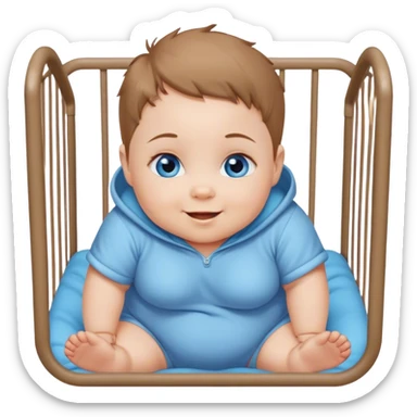 Blue-eyed baby girl with short light brown hair, chubby pants cheeks, mischievous smile in playpen  sticker