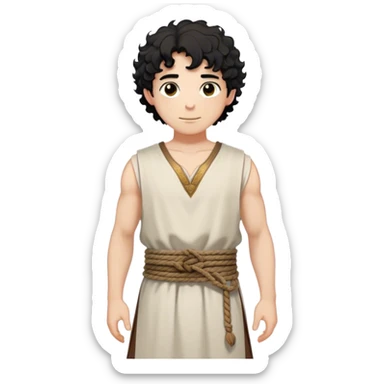 medieval summer outfit worn by a DnD themed fantasy male character. basic sleeveless cotton tunic with a V-shaped neckline and a thin rope belt. clothes only above the waist. The clothes full waist. The character's haven't arms. character is white-skinned, black hair, brown eyes, short curly hair. sticker