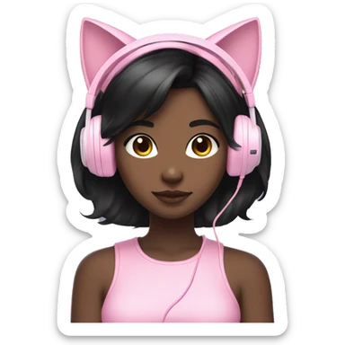 Black hair girl with pastel pink gaming headset that has cat ears  sticker