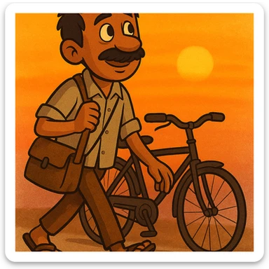 Add a simple cartoon bicycle for the poor Indian father with mustache, as he walks to work at dawn, keeping the stylized cartoon look and hopeful expression. sticker