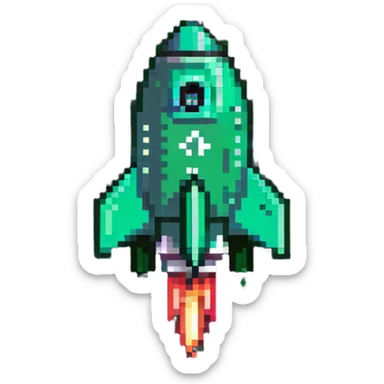 Green check mark with a small rocket ship, deployment success symbol sticker