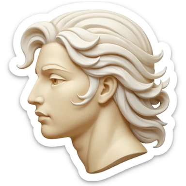 Create a stylized illustration of a classical face carved in white marble, shown in profile, gently blowing wind. The wind is depicted as decorative swirling lines emerging from the mouth.  sticker