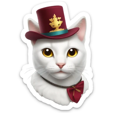 
white cat with a New Year's burgundy hat on his head and a collar sticker