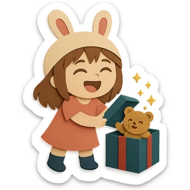 Edit the appearance of the gift box and teddy bear to be well-shaped and good looking, with no imperfections. Keep the chibi girl, style, pose, and all other design elements the same. Full body, paper-craft style. sticker