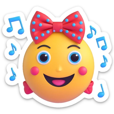 3D smiley emoji, large eyelashes, red polka dot bow, embarrassed, looking away eyes, blue eyes, musical notes sticker
