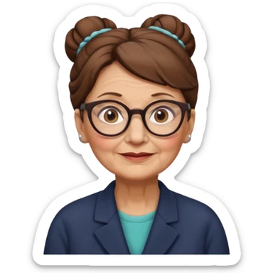 Old woman with brown hair in a bun and glasses, white European sticker